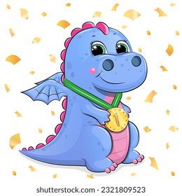 Cute cartoon blue dragon with gold medal. Vector illustration of an animal winner on a white background with golden confetti.