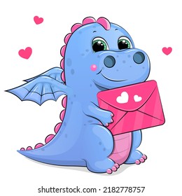 Cute cartoon blue dragon holding a love letter. Vector illustration of an animal on a white background with hearts.