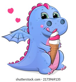 Cute cartoon blue dragon and ice cream  Vector illustration an animal white background 