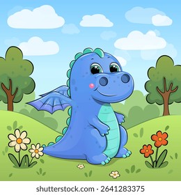 Cute Cartoon Blue Dragon in Nature. Vector illustration of an animal with red and white flowers, grass and trees.