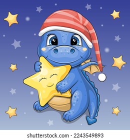 Cute cartoon blue dragon in red nightcap holds a yellow star. Night vector illustration on dark blue background with stars.