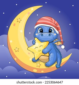 Cute cartoon blue dragon in red nightcap holding a yellow star and sitting on a moon. Night vector illustration of animal on dark blue background with clouds and stars.