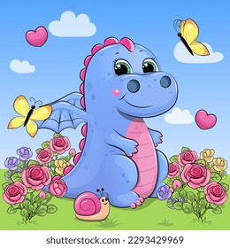 Cute cartoon blue dragon in a rose garden. Vector illustration of an animal in nature with flowers, snail, butterflies and hearts on a blue background with white clouds.