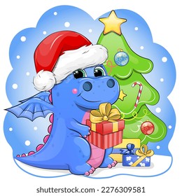 A cute cartoon blue dragon in a Santa hat holds a gift and stands next to the Christmas tree. Xmas animal vector illustration on a blue background with snow.