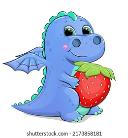 Cute cartoon blue dragon with strawberries. Vector illustration of an animal with a berry on a white background.