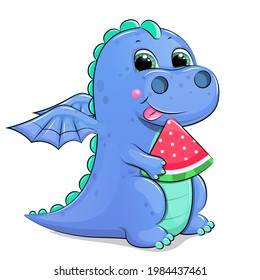 Cute cartoon blue dragon with watermelon. Vector illustration of an animal on a white background.