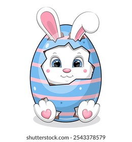 Cute cartoon blue Easter egg with bunny. Holiday vector illustration of animal on a white background.