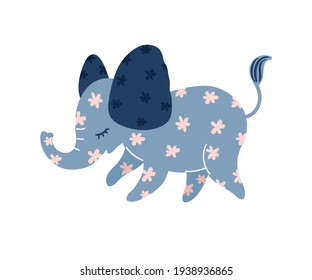 Cute cartoon blue elephant and pink flowers  Vector illustration isolated white background 