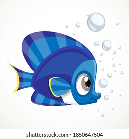 Cute cartoon blue fish with bubbles isolated on a white background