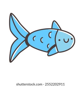 Cute cartoon blue fish illustration.  Childish marine character design.