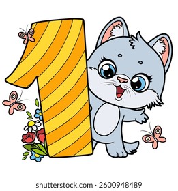 Cute cartoon blue kitten and number one on a white background