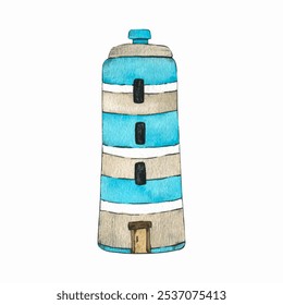 Cute cartoon blue lighthouse isolated. Watercolor stylized children's illustration drawn by hand. Old sea lighthouse in Scandinavian style, could be used for kid posters or cards. Fishing village. eps