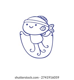 A cute cartoon blue line drawing of a happy octopus character wearing a headband and jumping a rope.
