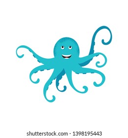 Cute cartoon blue octopus drawing. Funny smiling octopus character vector illustration. Emoji. Haha emoji. Smiley face