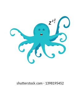 Cute cartoon blue octopus drawing. Funny smiling octopus character vector illustration. Emoji. Sleeping Face