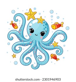 Cuto caricatura de pulpo azul con pescado y pez estrella. Ilustración infantil. Tema marino. Para el diseño infantil de impresiones, carteles, tarjetas, rompecabezas, materiales educativos. Vector