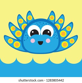 Cute Cartoon Blue Octopus Illustration Vector