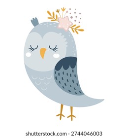 Cute Cartoon Blue Owl Vector Illustration. Kawaii Woodland Character Clipart. Night Bird, Kids Hand Drawn Design.