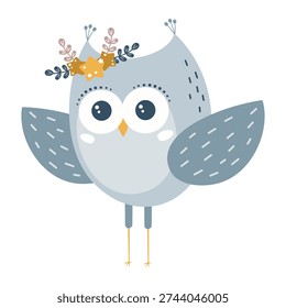 Cute Cartoon Blue Owl Vector Illustration. Kawaii Woodland Character Clipart. Night Bird, Kids Hand Drawn Design.