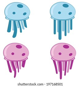 Cute cartoon blue and pink jellyfishes on white background.