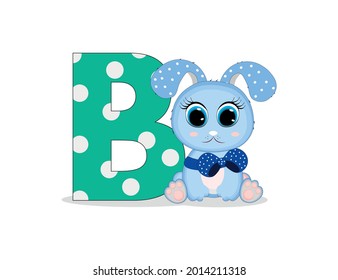 Cute Cartoon blue rabbit boy with letter B. Perfect for greeting cards, party invitations, posters, stickers, pin, scrapbooking, icons.