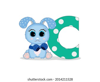 Niño de conejo azul con letra C. Perfecto para tarjetas de felicitación, invitaciones a fiestas, afiches, pegatinas, pin, scrapbooking, íconos.