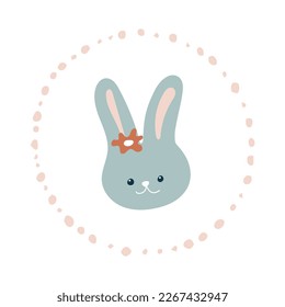 Cute cartoon blue rabbit in a delicate frame isolated on white background. Children s cartoon vector illustration.