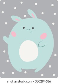 Cute cartoon blue rabbit illustration for postcard or other uses, in vector, kawaii style