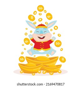 cute cartoon blue rabbit in a national Chinese costume is standing in the rain of money, discounts and gold bars. New Year's hare symbol of 2023