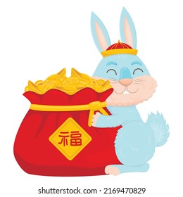 Cute cartoon blue rabbit in national chinese hugging a bag of good luck. New Year's hare symbol of 2023