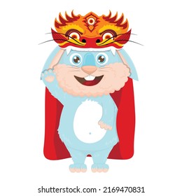 cute cartoon blue rabbit in a national Chinese costume with a dragon head. New Year's hare symbol of 2023