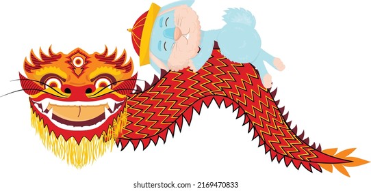 cute cartoon blue rabbit in a national Chinese hat is sleeping on a dragon. New Year's hare symbol of 2023