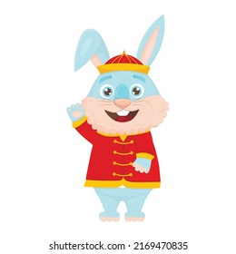 Cute cartoon blue rabbit in national chinese welcome. New Year's hare symbol of 2023