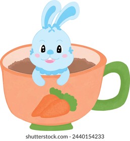 It is a cute cartoon blue rabbit in an orange cup with a carrot pattern.