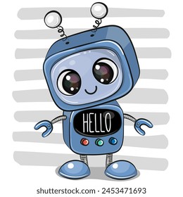 Cute Cartoon Blue Robot on striped background