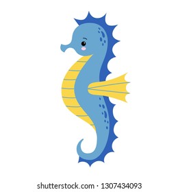 Cute cartoon blue Sea horse isolated. Seahorse on a white background, vector illustration.