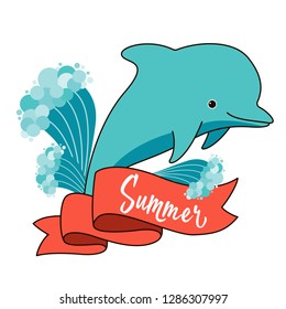 Cute cartoon blue smiling dolphin with water splashes and banner with summer text