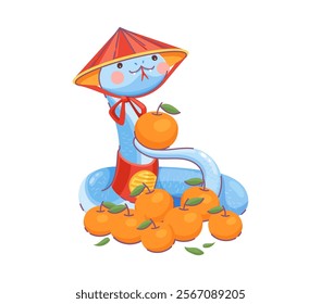 Cute cartoon blue snake character in traditional conical hat curled beside a pile of mandarin fruits and holding one on its tail, symbolize prosperity and good luck for the 2025 Chinese Lunar New Year