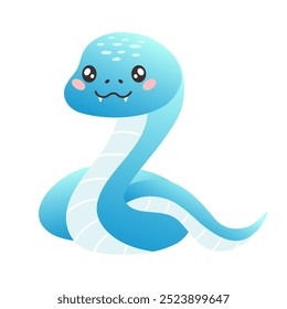 Cute cartoon blue snake in flat style isolated on white. Snake kawaii character. Vector illustration