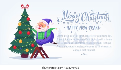 Cute cartoon blue suit Santa Claus decorating Christmas tree Merry Christmas vector illustration Greeting card poster horizontal banner