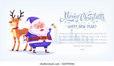 Cute cartoon blue suit Santa Claus ringing bell with reindeer Merry Christmas vector illustration horizontal banner