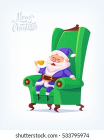 Cute cartoon blue suit Santa Claus sitting in chair drinking tea Merry Christmas vector illustration Greeting card poster
