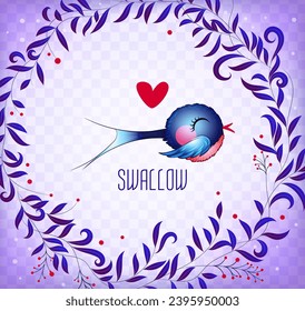 Cute cartoon blue swallow with a heart on a purple background. Vector illustration. Eps 10