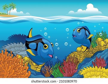 Cute Cartoon Blue Tang Fish Swim in the Coral Reef