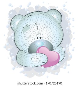 Cute cartoon blue teddy bear with heart on white background.