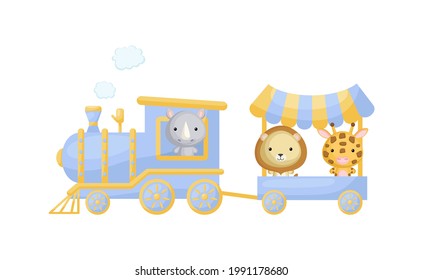 Tren azul de dibujos animados con chofer de rinoceronte y león, jirafa en vagón de fondo blanco. Diseño para niños libro, tarjeta de saludo, ducha para bebés, invitación a la fiesta, decoración de pared. Ilustración vectorial.