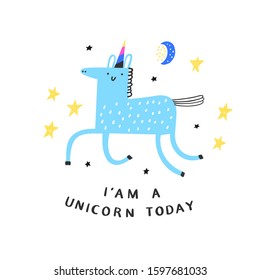 Cute cartoon blue unicorn. Can be used print print for t-shirts, home decor, posters, cards. Vector illustration.