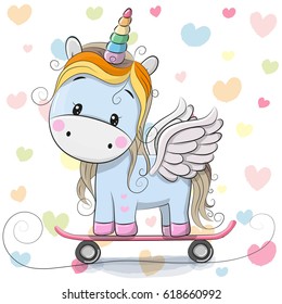 Cute Cartoon Blue Unicorn on the skateboard