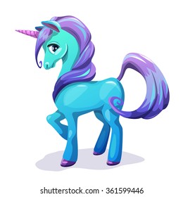 Cute cartoon blue unicorn with purple hair, isolated on white vector illustration