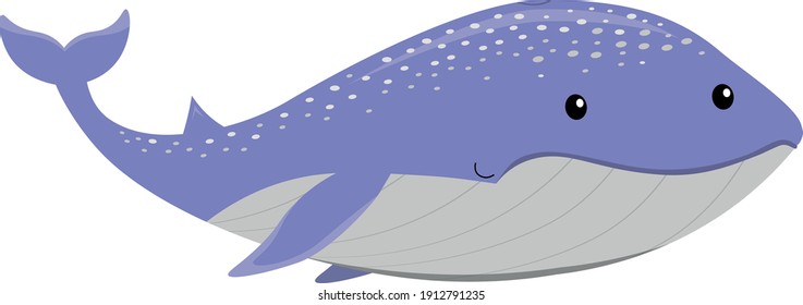 Cute cartoon blue whale (Balaenoptera musculus) isolated white background, vector illustration